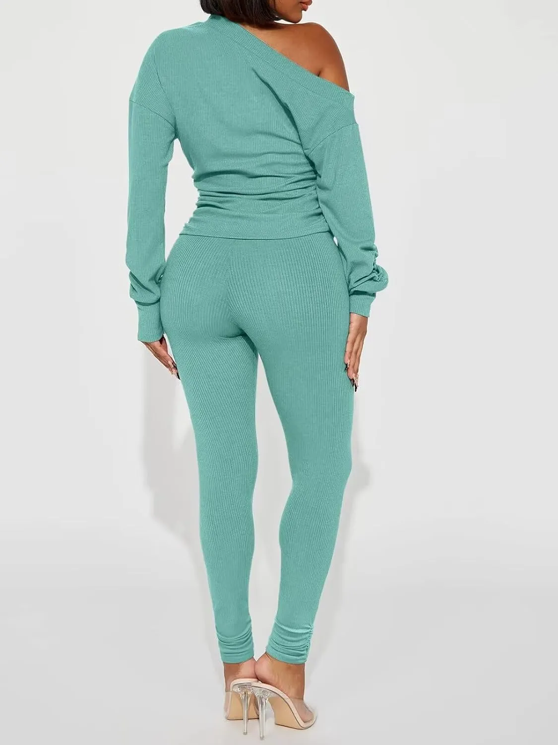 Sexy 2 Piece Outfits for Women One Off Shoulder Tops Ribbed Pant Set Tracksuit Clubwear