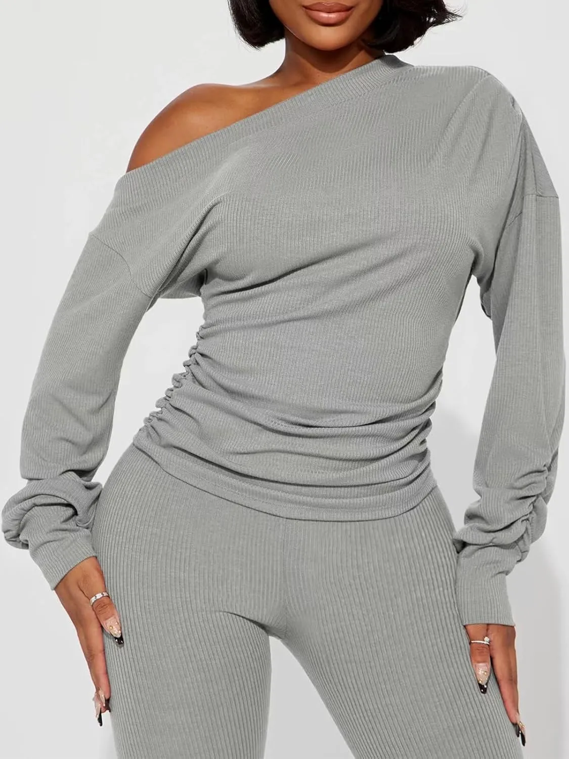 Sexy 2 Piece Outfits for Women One Off Shoulder Tops Ribbed Pant Set Tracksuit Clubwear