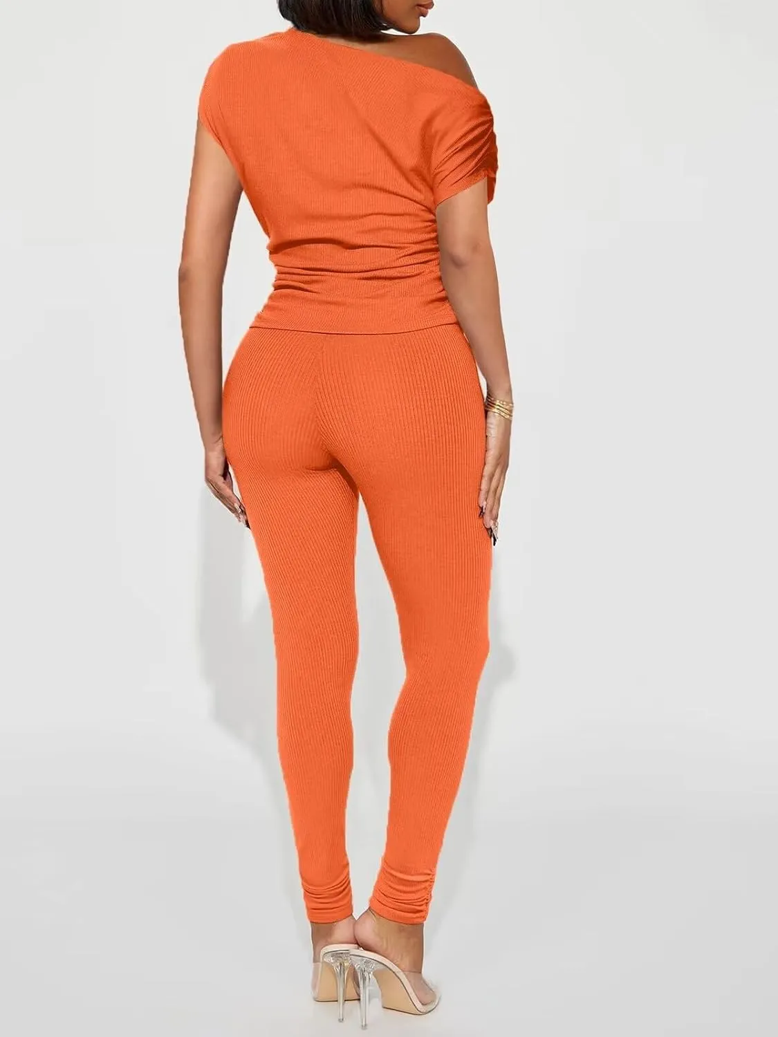 Sexy 2 Piece Outfits for Women One Off Shoulder Tops Ribbed Pant Set Tracksuit Clubwear