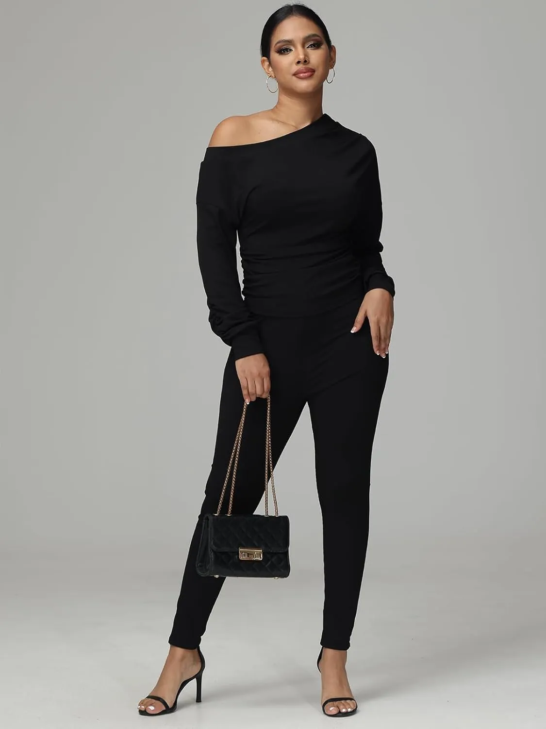 Sexy 2 Piece Outfits for Women One Off Shoulder Tops Ribbed Pant Set Tracksuit Clubwear
