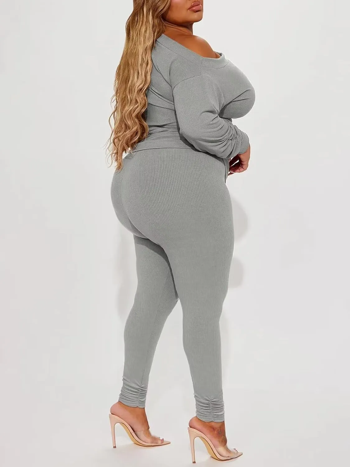 Sexy 2 Piece Outfits for Women One Off Shoulder Tops Ribbed Pant Set Tracksuit Clubwear