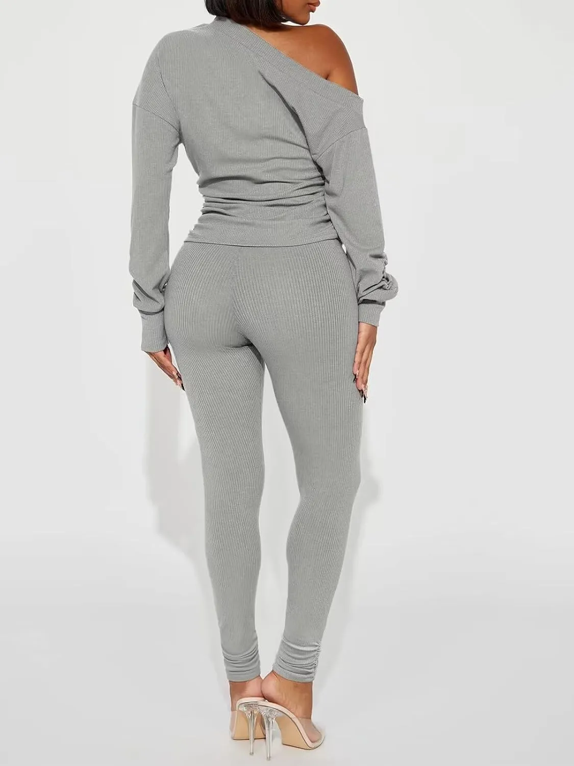 Sexy 2 Piece Outfits for Women One Off Shoulder Tops Ribbed Pant Set Tracksuit Clubwear