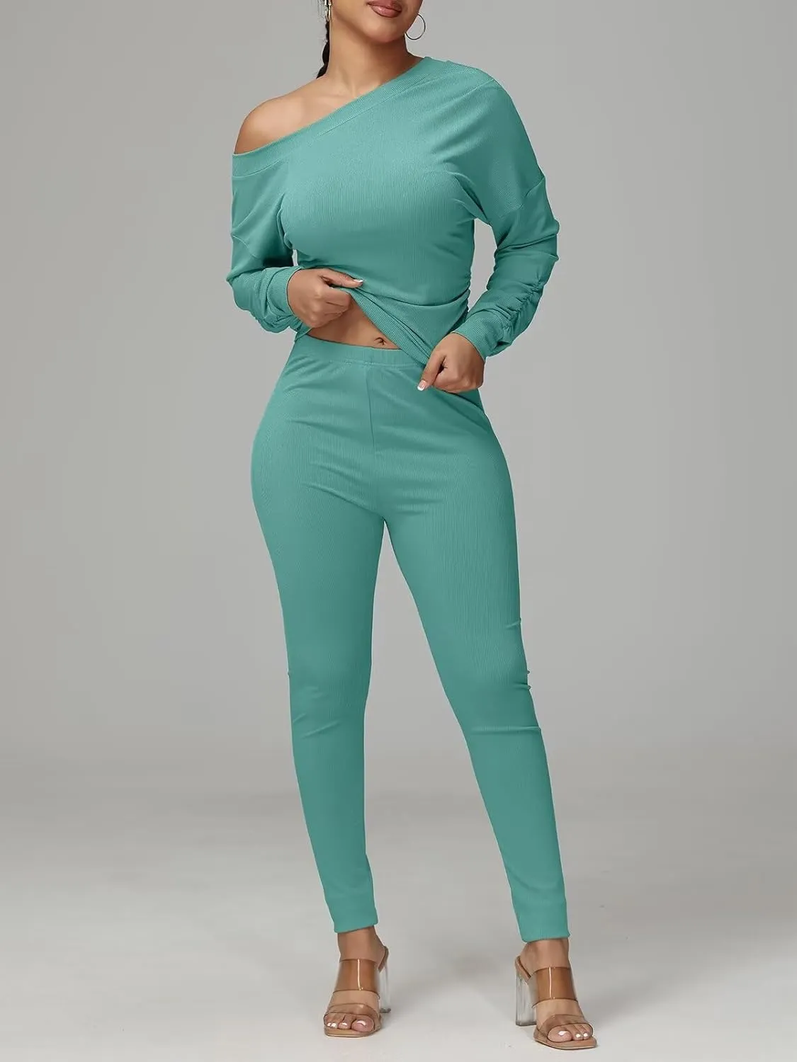 Sexy 2 Piece Outfits for Women One Off Shoulder Tops Ribbed Pant Set Tracksuit Clubwear
