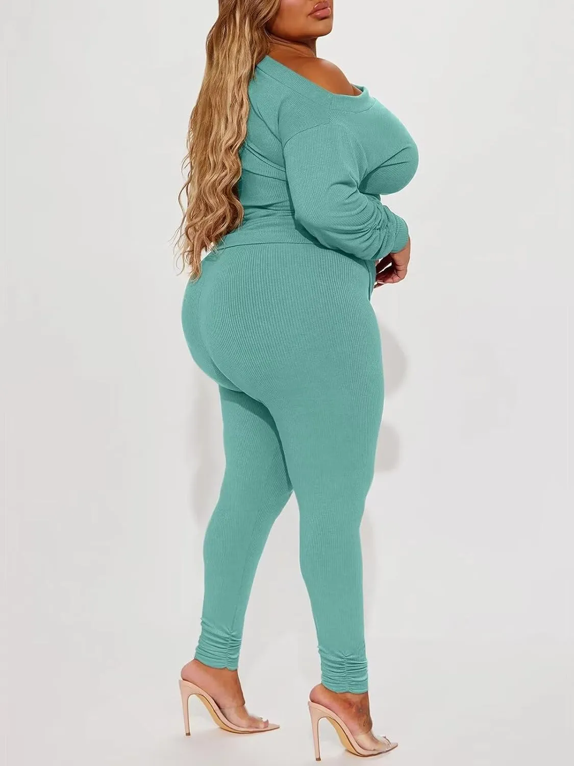 Sexy 2 Piece Outfits for Women One Off Shoulder Tops Ribbed Pant Set Tracksuit Clubwear