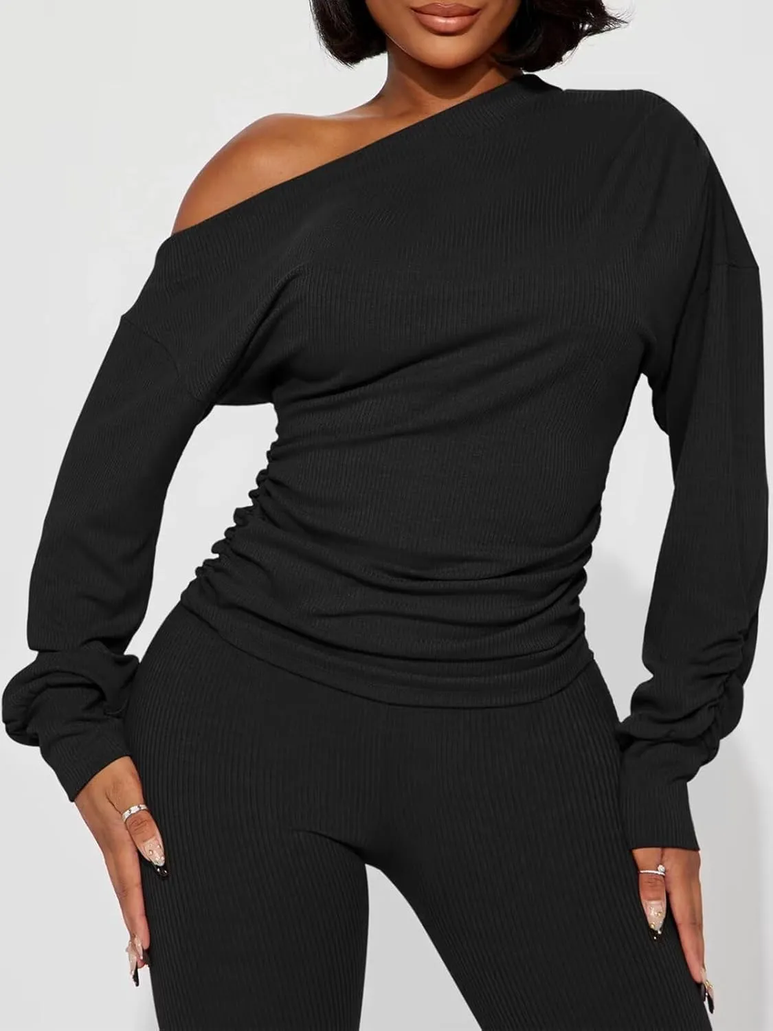 Sexy 2 Piece Outfits for Women One Off Shoulder Tops Ribbed Pant Set Tracksuit Clubwear