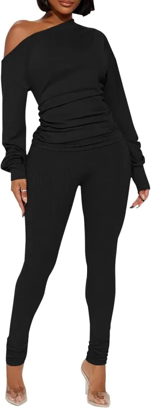 Sexy 2 Piece Outfits for Women One Off Shoulder Tops Ribbed Pant Set Tracksuit Clubwear