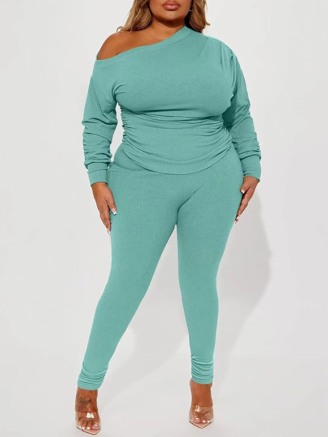 Sexy 2 Piece Outfits for Women One Off Shoulder Tops Ribbed Pant Set Tracksuit Clubwear