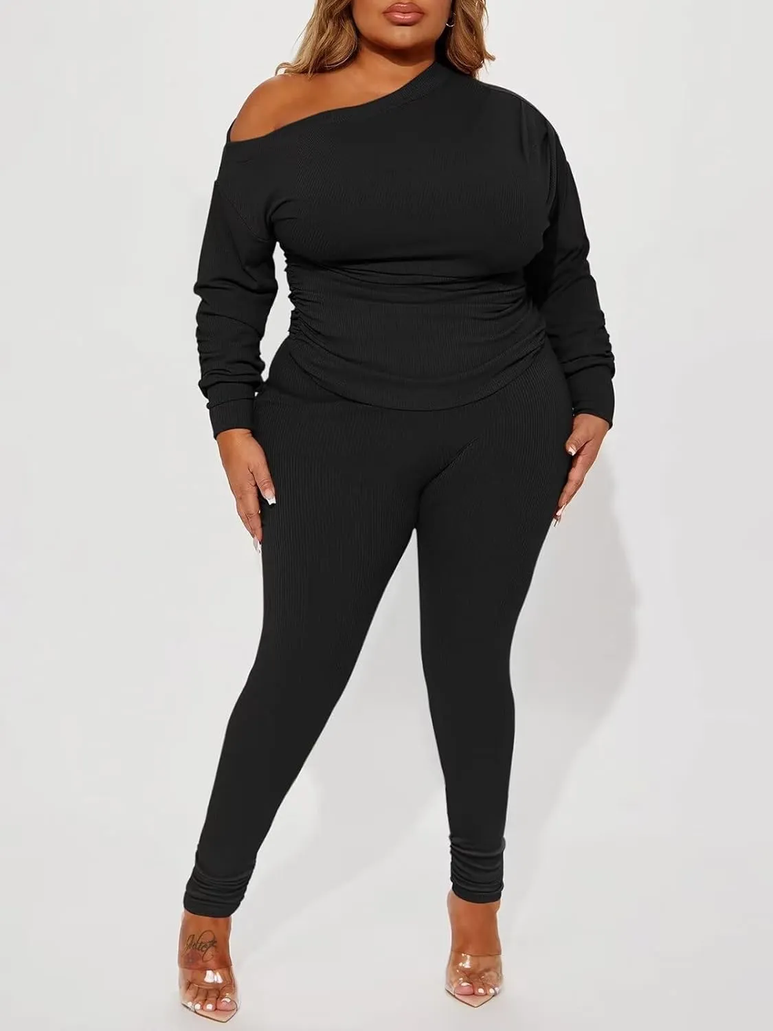 Sexy 2 Piece Outfits for Women One Off Shoulder Tops Ribbed Pant Set Tracksuit Clubwear