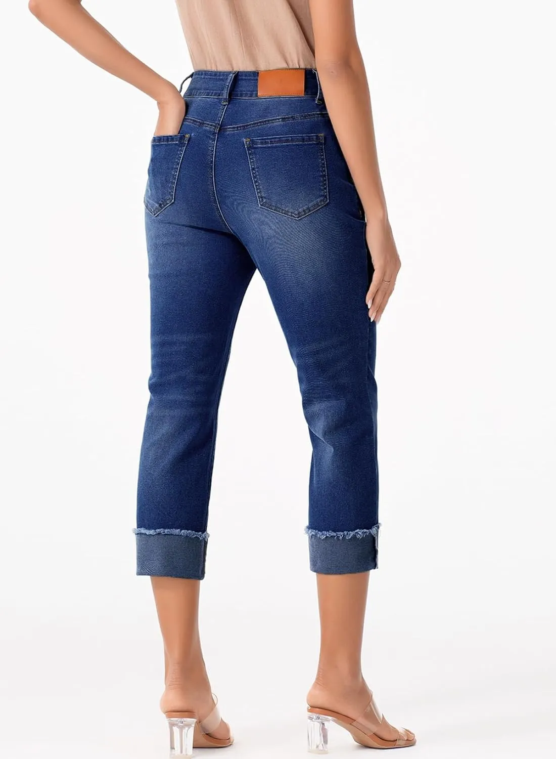 Sidefeel Women's Capri Jeans High Waisted Stretchy Roll-up Skinny Cuffed Cropped Zimbaplatinum Summer Denim Pants