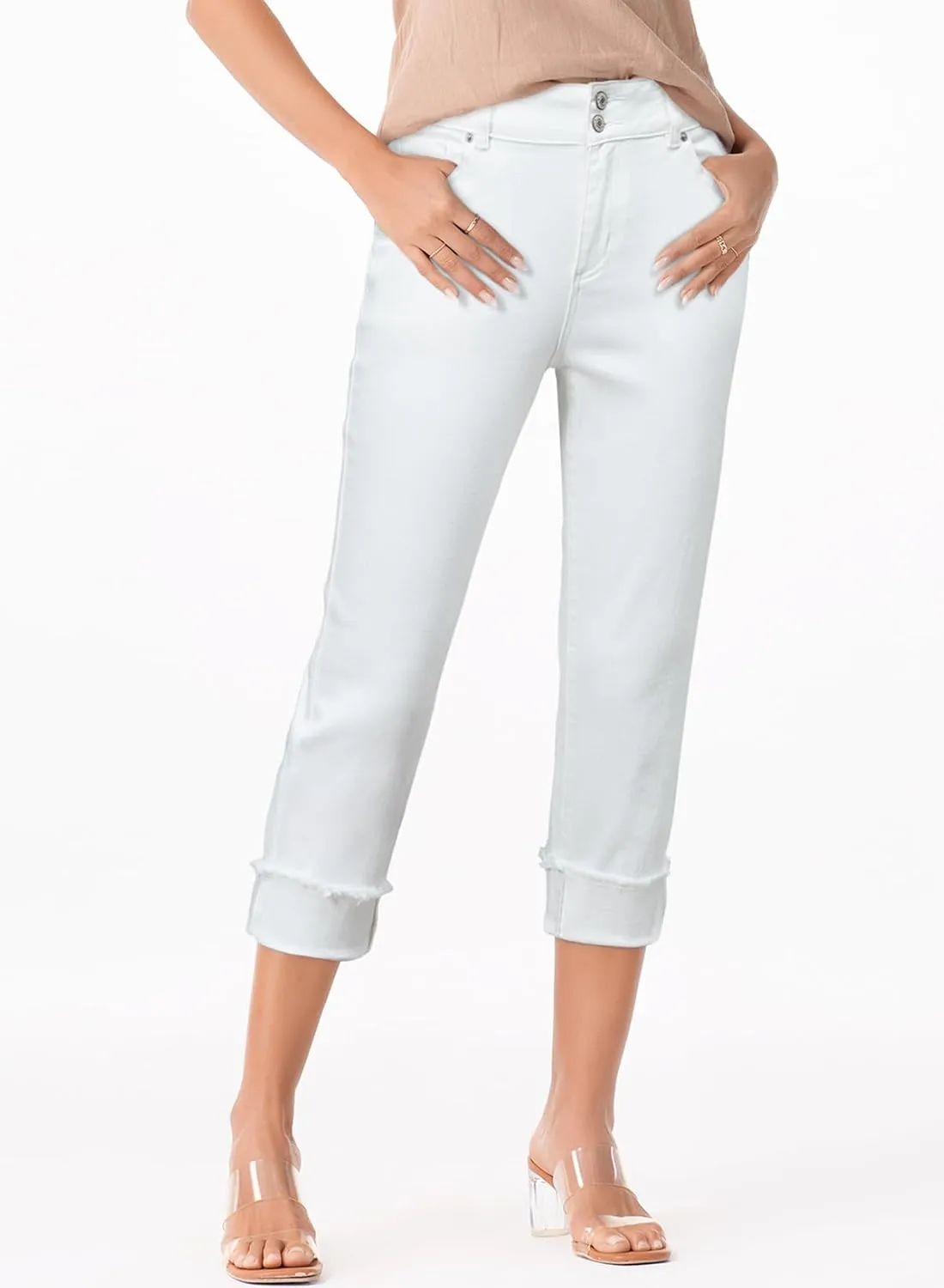 Sidefeel Women's Capri Jeans High Waisted Stretchy Roll-up Skinny Cuffed Cropped Zimbaplatinum Summer Denim Pants