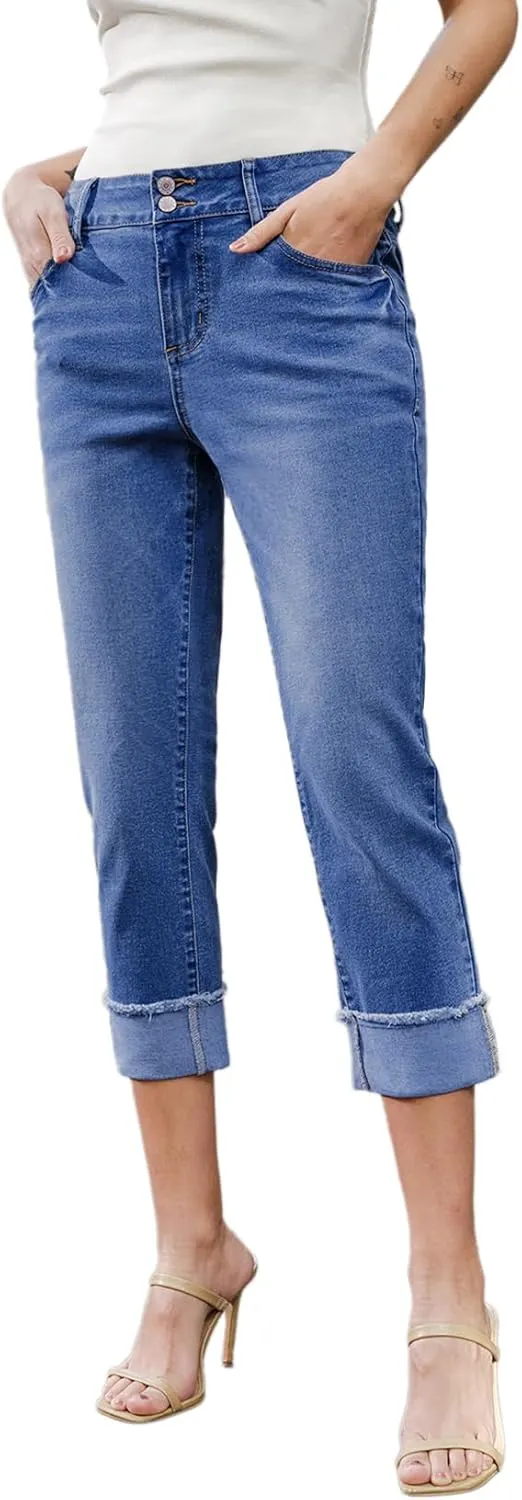 Sidefeel Women's Capri Jeans High Waisted Stretchy Roll-up Skinny Cuffed Cropped Zimbaplatinum Summer Denim Pants