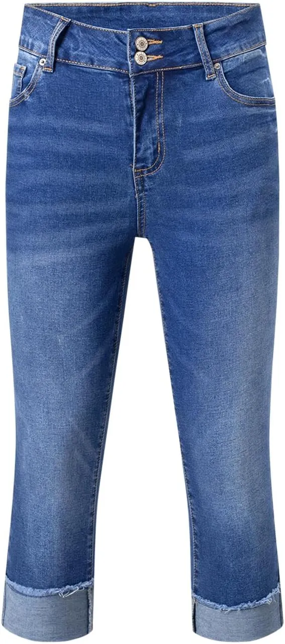 Sidefeel Women's Capri Jeans High Waisted Stretchy Roll-up Skinny Cuffed Cropped Zimbaplatinum Summer Denim Pants