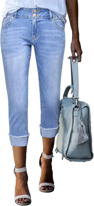 Sidefeel Women's Capri Jeans High Waisted Stretchy Roll-up Skinny Cuffed Cropped Zimbaplatinum Summer Denim Pants