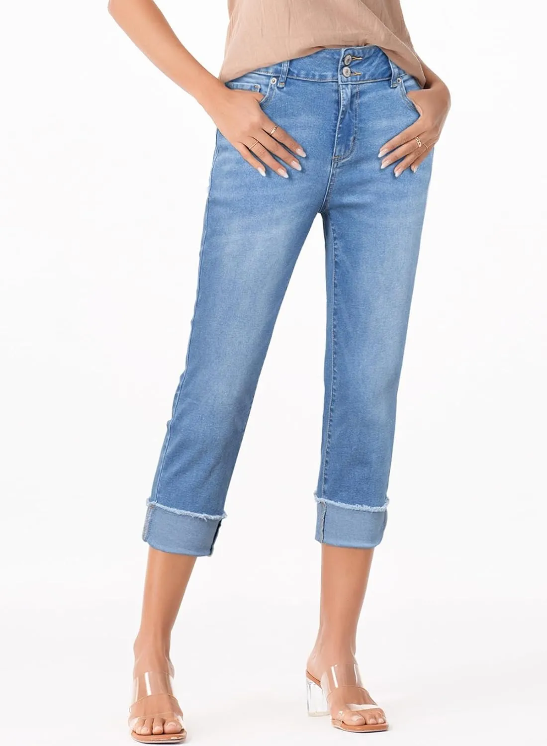 Sidefeel Women's Capri Jeans High Waisted Stretchy Roll-up Skinny Cuffed Cropped Zimbaplatinum Summer Denim Pants