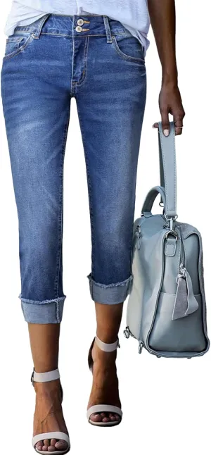 Sidefeel Women's Capri Jeans High Waisted Stretchy Roll-up Skinny Cuffed Cropped Zimbaplatinum Summer Denim Pants