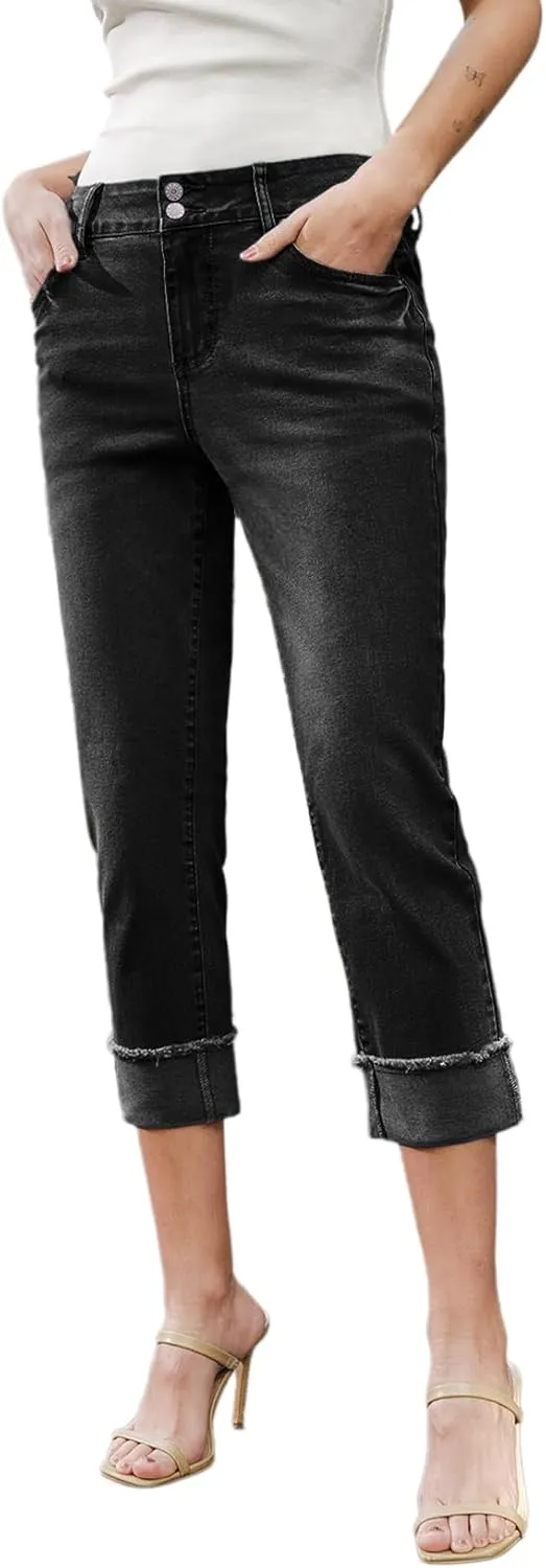 Sidefeel Women's Capri Jeans High Waisted Stretchy Roll-up Skinny Cuffed Cropped Zimbaplatinum Summer Denim Pants