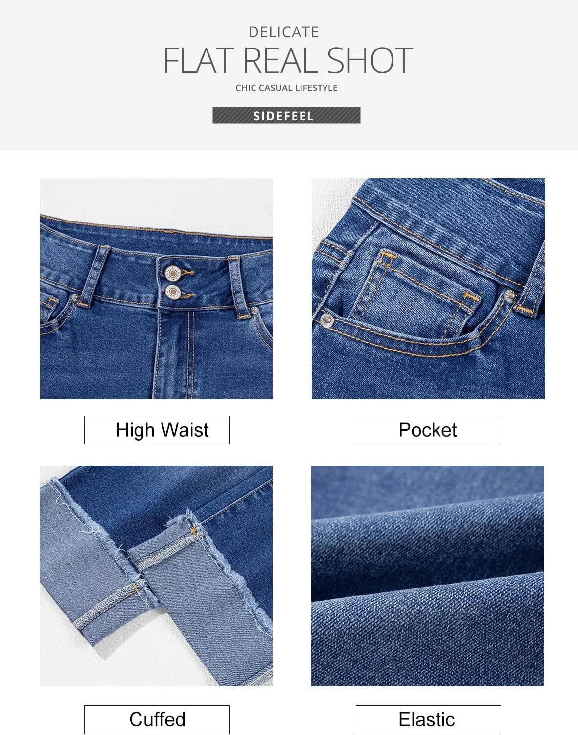 Sidefeel Women's Capri Jeans High Waisted Stretchy Roll-up Skinny Cuffed Cropped Zimbaplatinum Summer Denim Pants