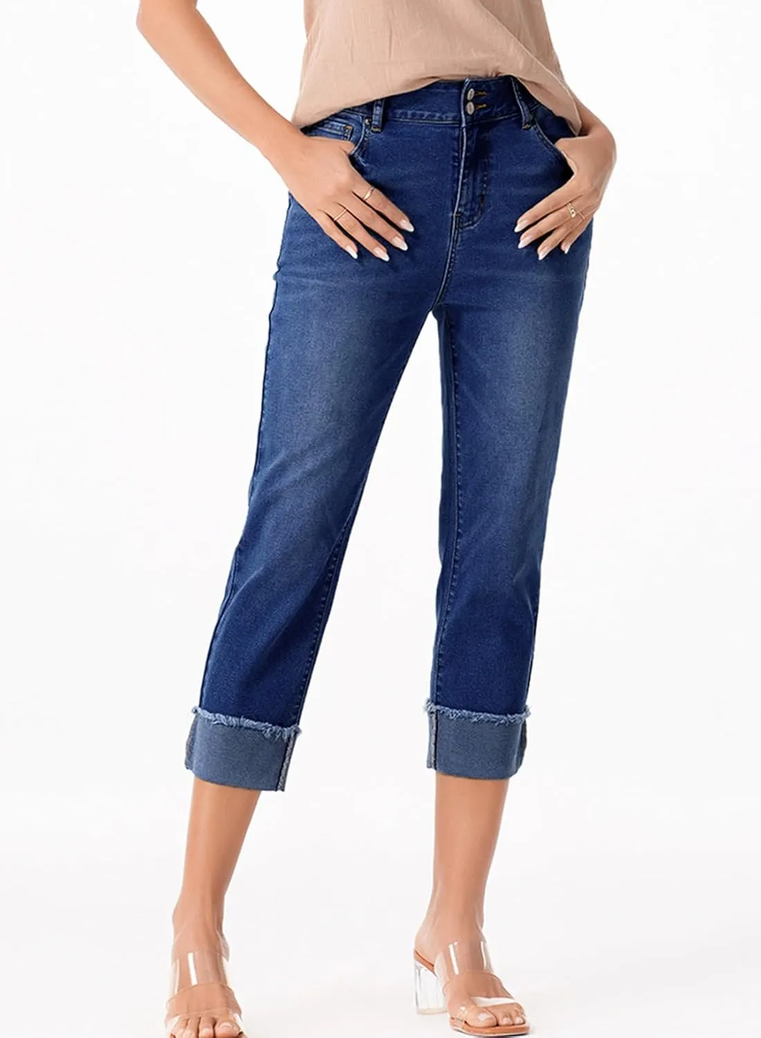 Sidefeel Women's Capri Jeans High Waisted Stretchy Roll-up Skinny Cuffed Cropped Zimbaplatinum Summer Denim Pants