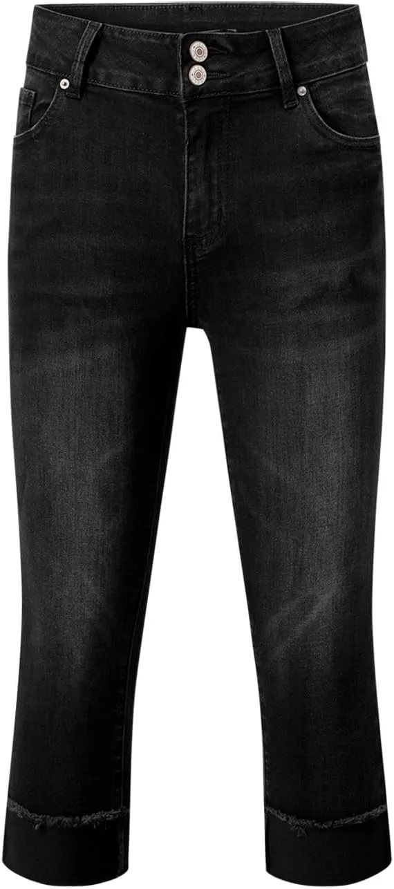 Sidefeel Women's Capri Jeans High Waisted Stretchy Roll-up Skinny Cuffed Cropped Zimbaplatinum Summer Denim Pants