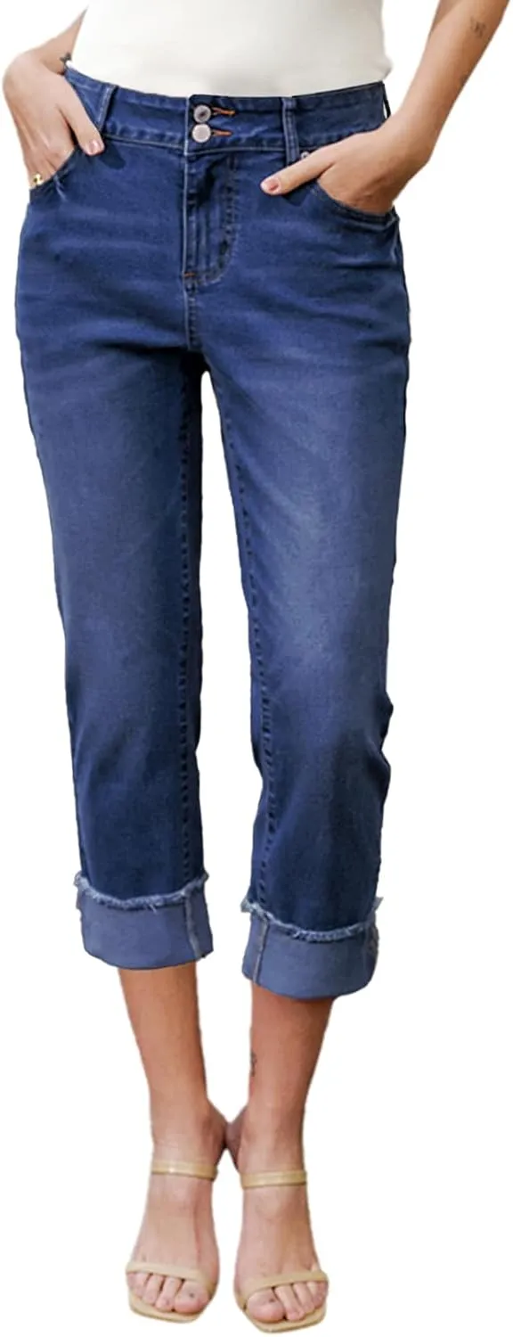 Sidefeel Women's Capri Jeans High Waisted Stretchy Roll-up Skinny Cuffed Cropped Zimbaplatinum Summer Denim Pants