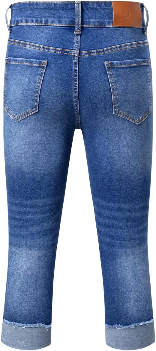Sidefeel Women's Capri Jeans High Waisted Stretchy Roll-up Skinny Cuffed Cropped Zimbaplatinum Summer Denim Pants