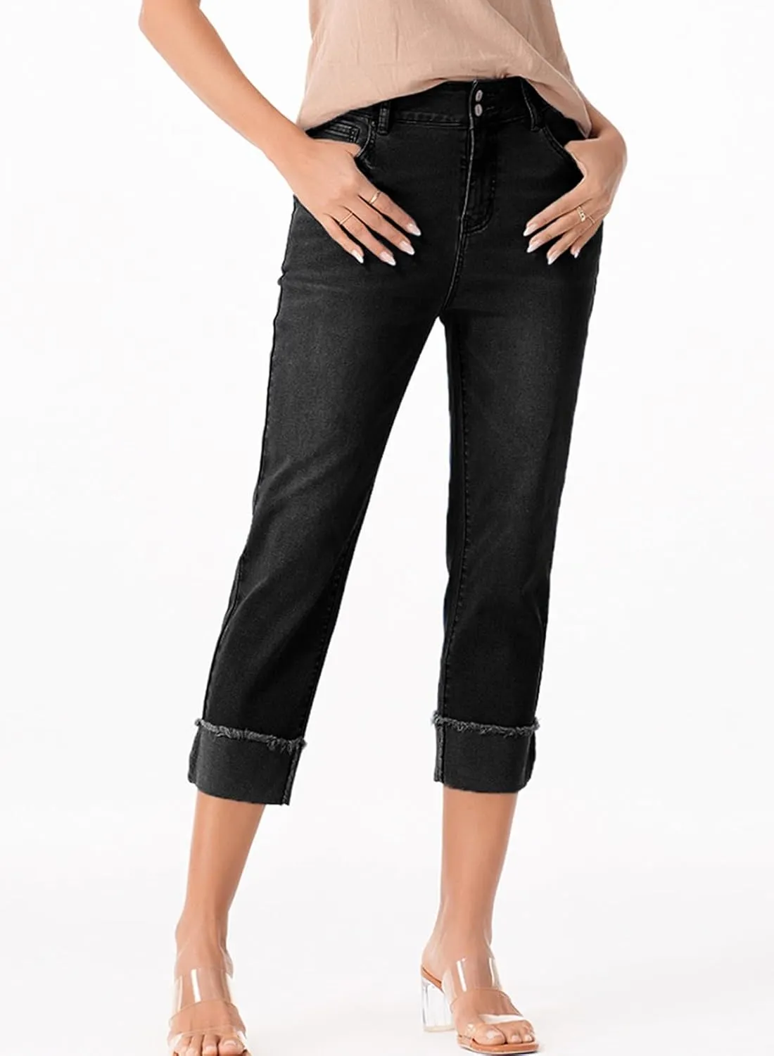 Sidefeel Women's Capri Jeans High Waisted Stretchy Roll-up Skinny Cuffed Cropped Zimbaplatinum Summer Denim Pants