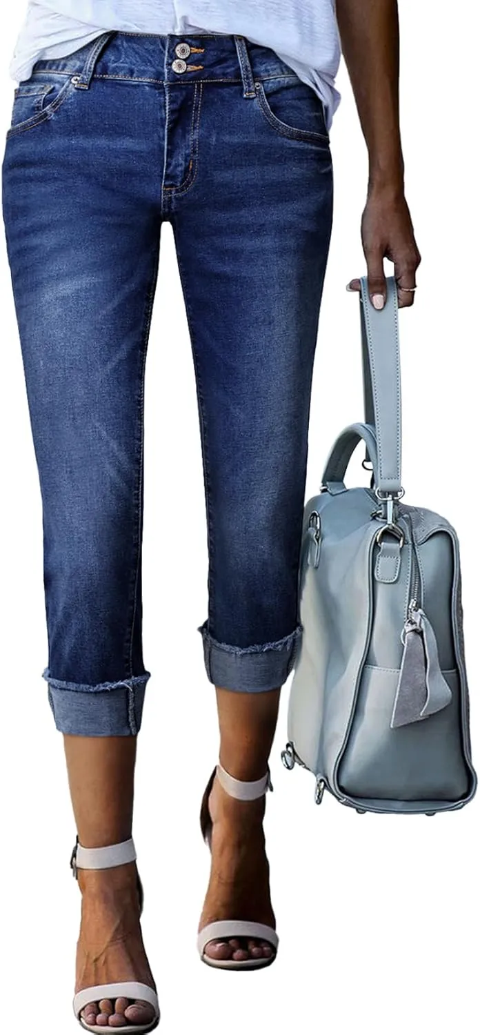 Sidefeel Women's Capri Jeans High Waisted Stretchy Roll-up Skinny Cuffed Cropped Zimbaplatinum Summer Denim Pants