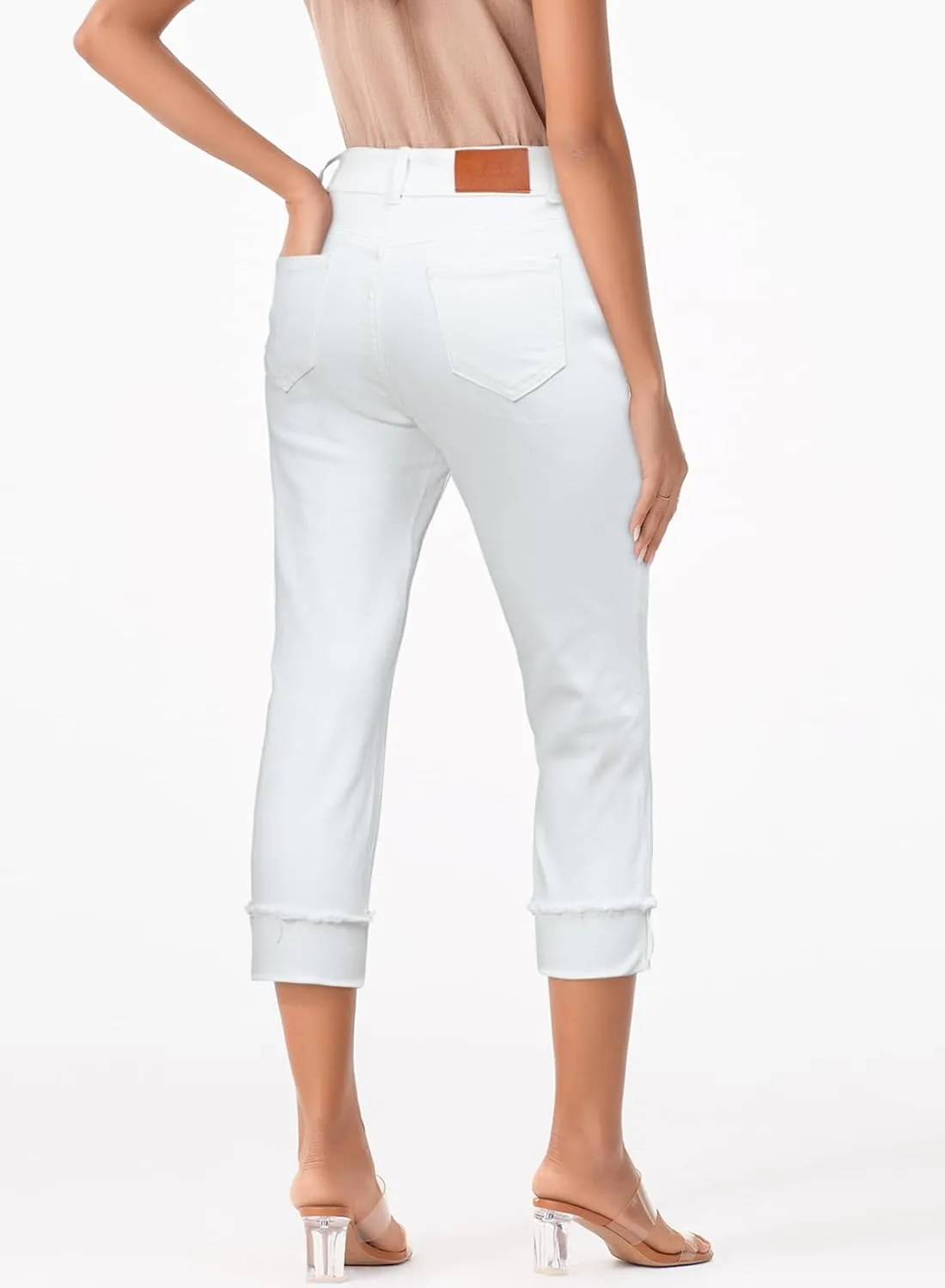 Sidefeel Women's Capri Jeans High Waisted Stretchy Roll-up Skinny Cuffed Cropped Zimbaplatinum Summer Denim Pants