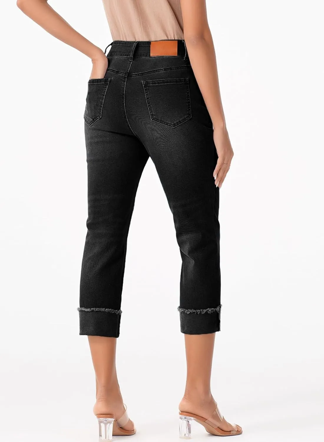 Sidefeel Women's Capri Jeans High Waisted Stretchy Roll-up Skinny Cuffed Cropped Zimbaplatinum Summer Denim Pants