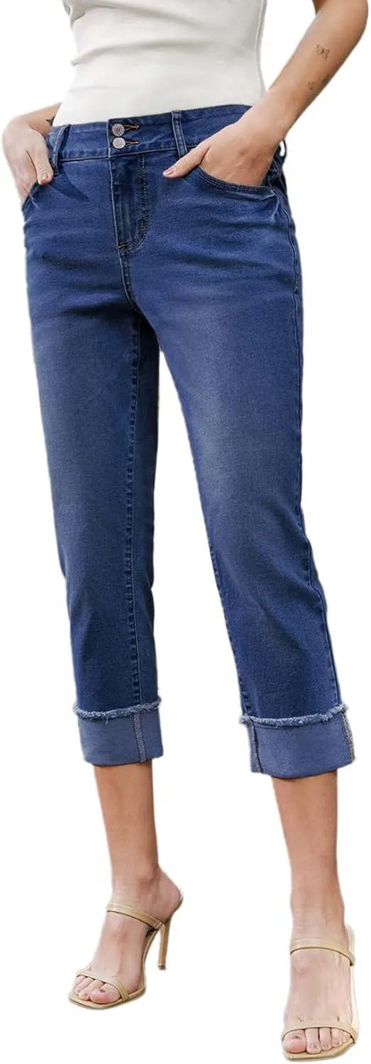 Sidefeel Women's Capri Jeans High Waisted Stretchy Roll-up Skinny Cuffed Cropped Zimbaplatinum Summer Denim Pants
