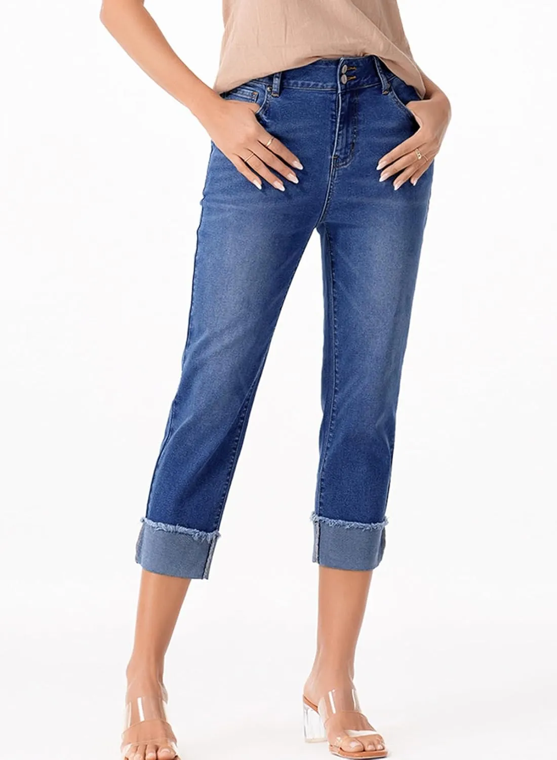 Sidefeel Women's Capri Jeans High Waisted Stretchy Roll-up Skinny Cuffed Cropped Zimbaplatinum Summer Denim Pants