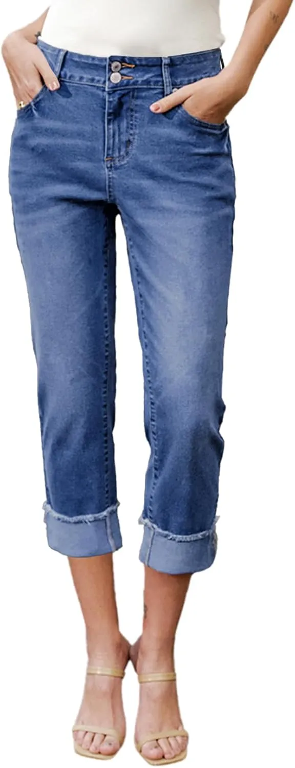 Sidefeel Women's Capri Jeans High Waisted Stretchy Roll-up Skinny Cuffed Cropped Zimbaplatinum Summer Denim Pants