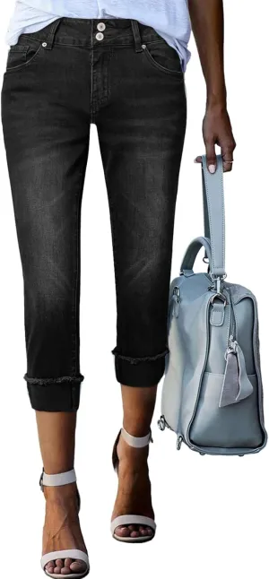 Sidefeel Women's Capri Jeans High Waisted Stretchy Roll-up Skinny Cuffed Cropped Zimbaplatinum Summer Denim Pants