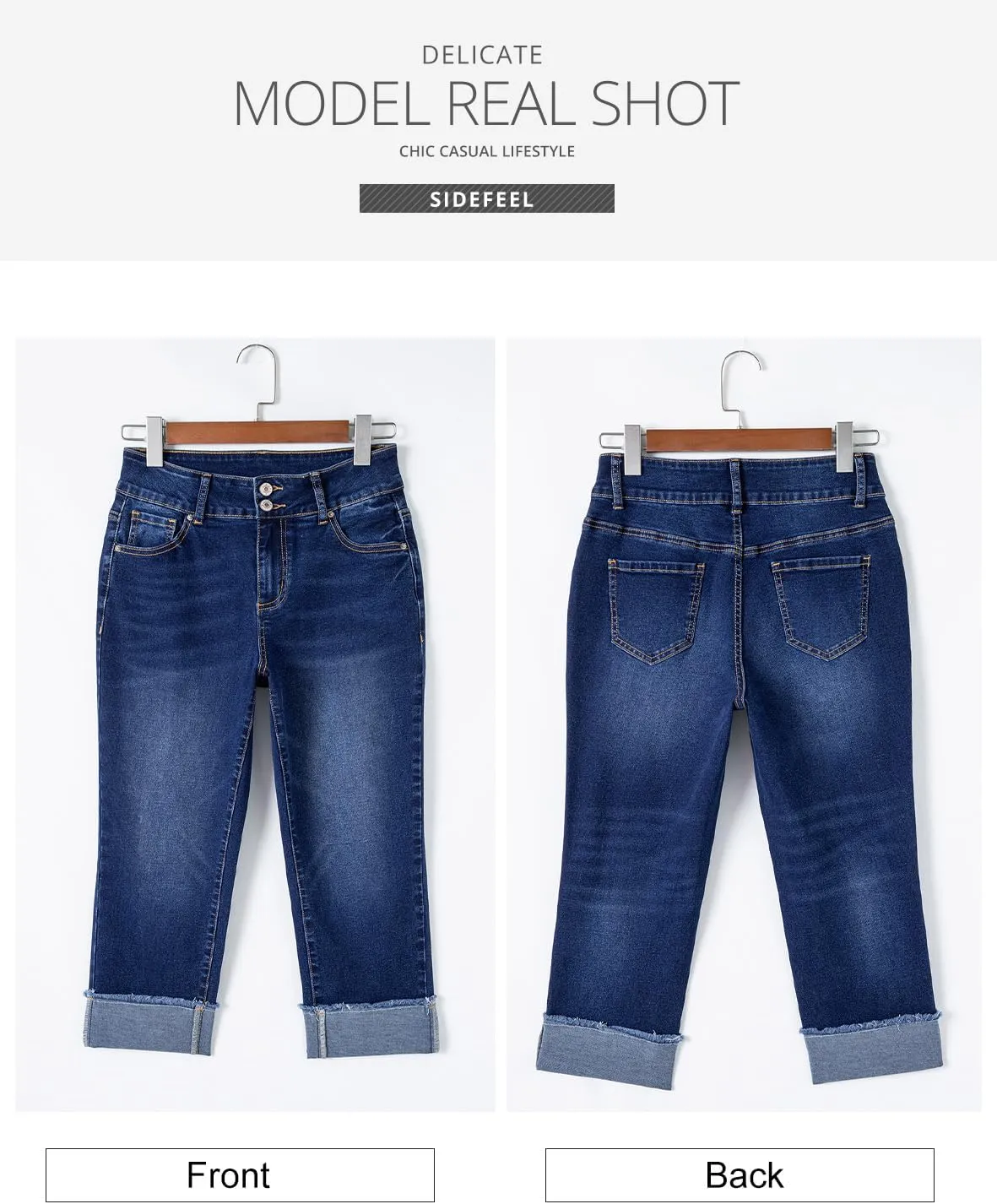 Sidefeel Women's Capri Jeans High Waisted Stretchy Roll-up Skinny Cuffed Cropped Zimbaplatinum Summer Denim Pants