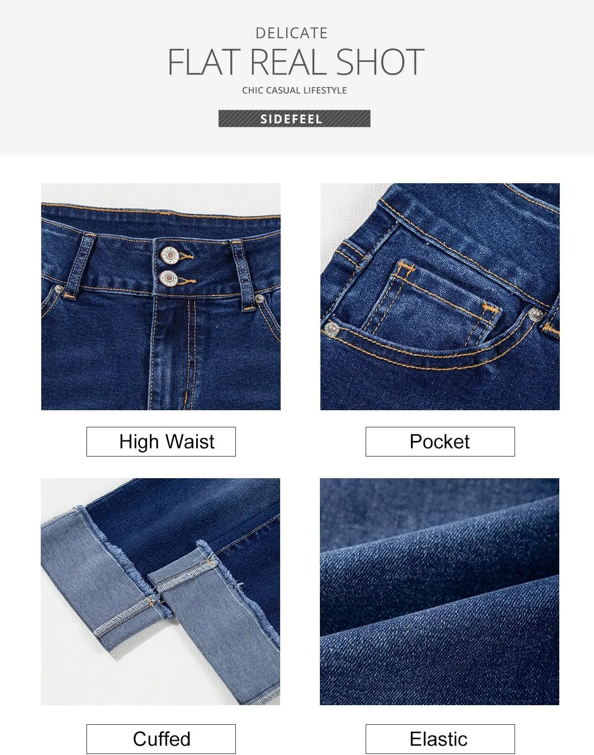 Sidefeel Women's Capri Jeans High Waisted Stretchy Roll-up Skinny Cuffed Cropped Zimbaplatinum Summer Denim Pants