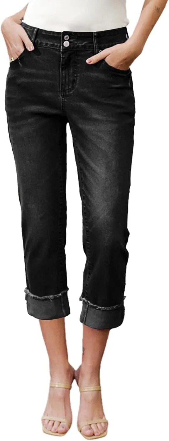 Sidefeel Women's Capri Jeans High Waisted Stretchy Roll-up Skinny Cuffed Cropped Zimbaplatinum Summer Denim Pants