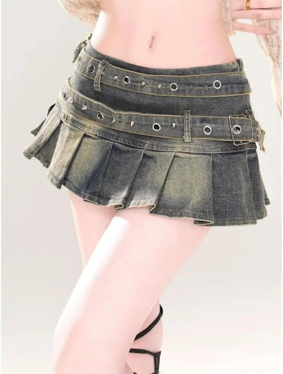 Simple Solid Color Belt Denim Skirt for Women Slim Sexy Versatile High-Waisted A-line Pleated Mini Skirt Y2K