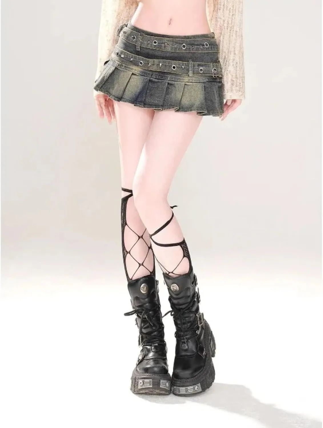 Simple Solid Color Belt Denim Skirt for Women Slim Sexy Versatile High-Waisted A-line Pleated Mini Skirt Y2K
