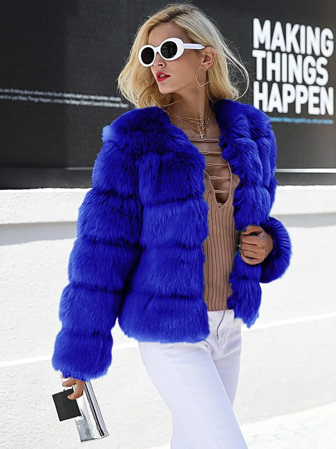 Simplee Women Luxury Winter Warm Fluffy Faux Fur Short Coat Jacket Parka Outwear