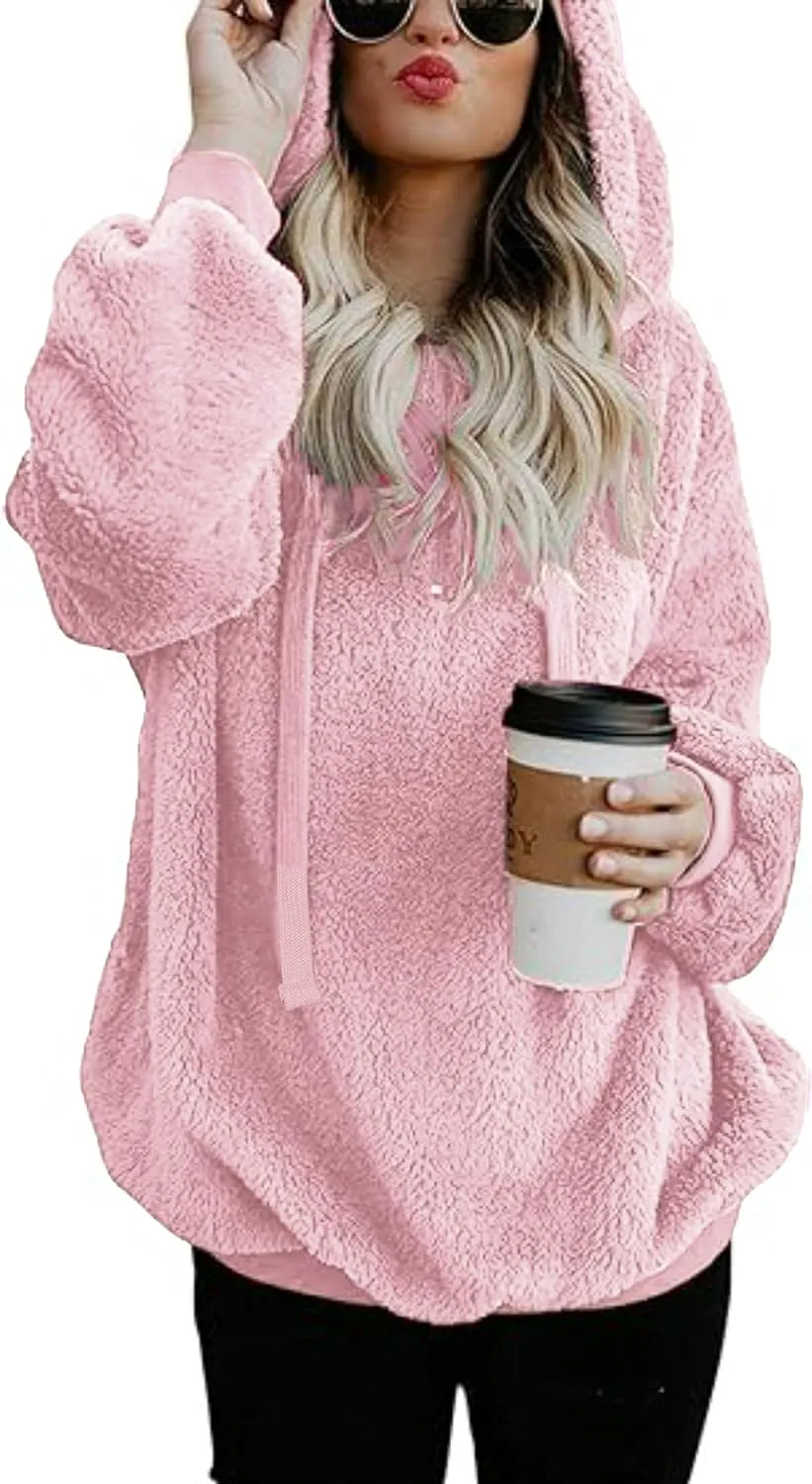 Sleepdown Womens Oversized Pullover Hooded Sweatshirt with Pockets Fuzzy Fleece Long Sleeve Zip Up Sweatshirt for Womens