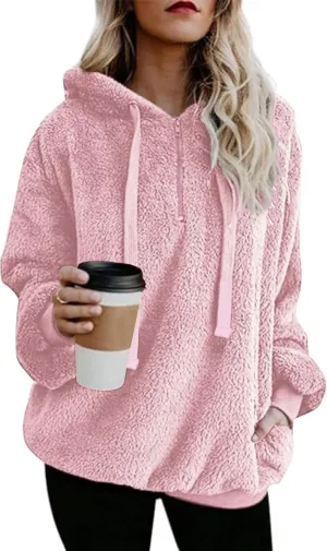 Sleepdown Womens Oversized Pullover Hooded Sweatshirt with Pockets Fuzzy Fleece Long Sleeve Zip Up Sweatshirt for Womens
