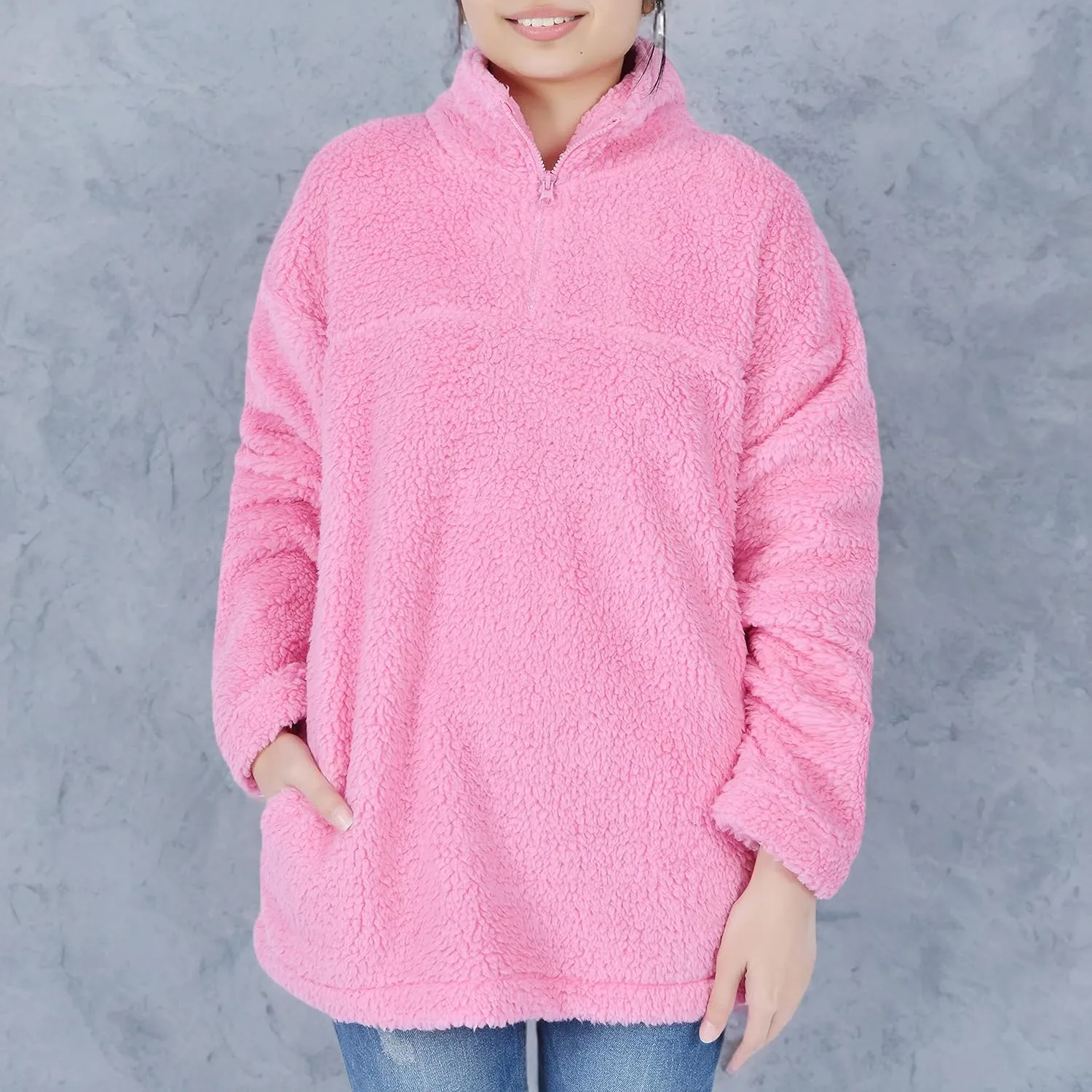 Sleepdown Womens Sweatshirt Long Sleeve Fuzzy Sherpa Fleece Zip Up Sweatshirts for Women Fluffy Pullover Tops with Pockets