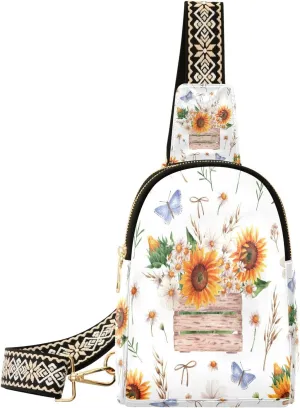 Small Sling Bag for Women Sunflower Butterfly Watercolor PC Leather Fanny Pack Crossbody Spring Rustic Vintage Fashion Waist Packs Chest Bag for Travel Sports Running Hiking