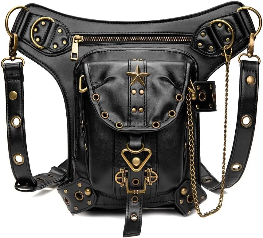 Steampunk Retro Motorcycle Bag Lady Bag Retro Rock Gothic Goth Shoulder Waist Bag Drop Leg Bag for Women (S0173-Star)