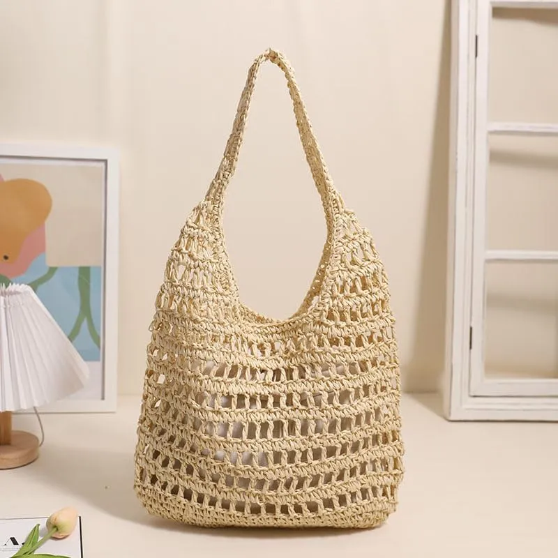 Straw Beach Vacation Tote Bags for Women Raffia Woven Crochet Boho Hobo Shoulder Bag Summer Large Mesh Handbags