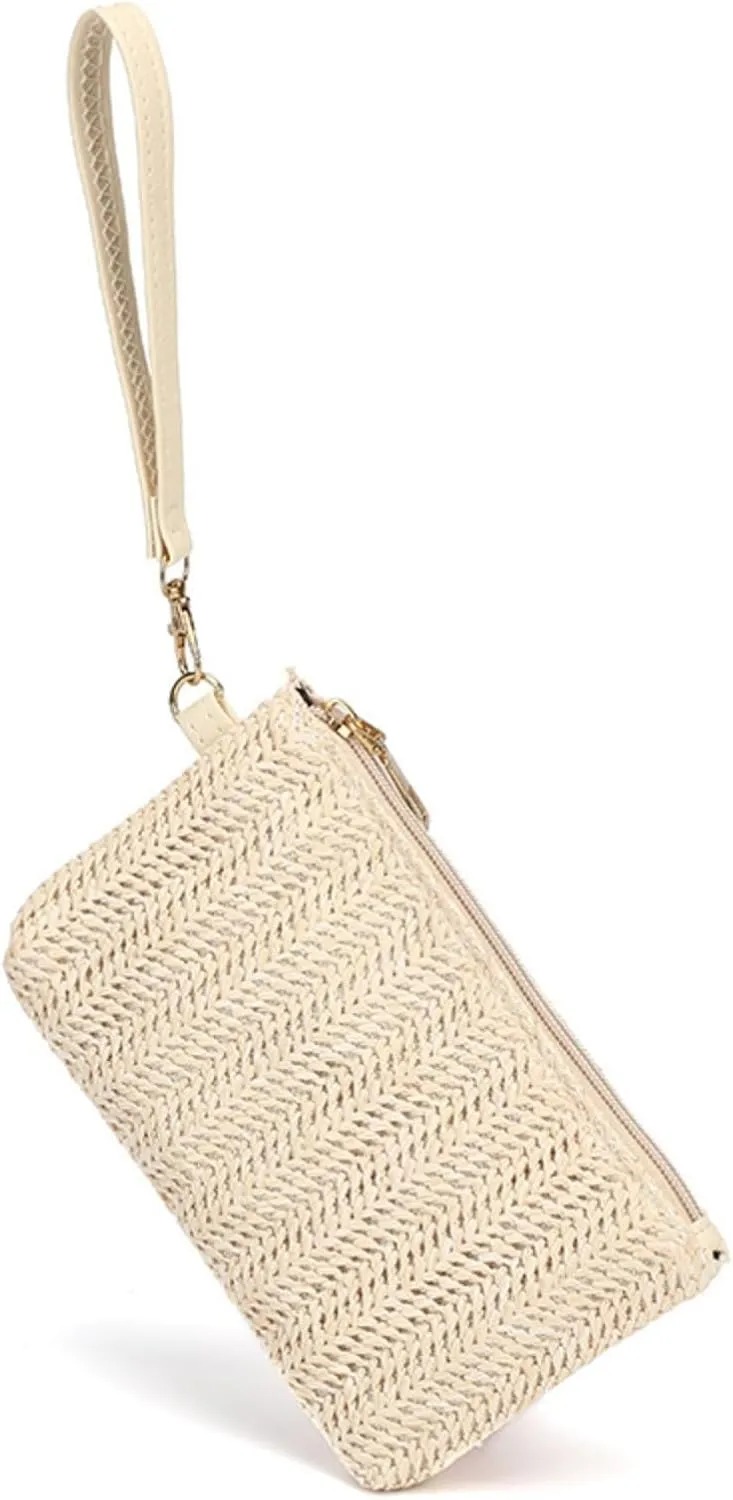 Straw Clutch Bag, 4.5 x 7.1 inch Handbag Clutch Purses for Women Summer Rattan Bags Zipper Wristlet Wallets