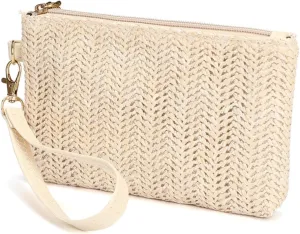 Straw Clutch Bag, 4.5 x 7.1 inch Handbag Clutch Purses for Women Summer Rattan Bags Zipper Wristlet Wallets