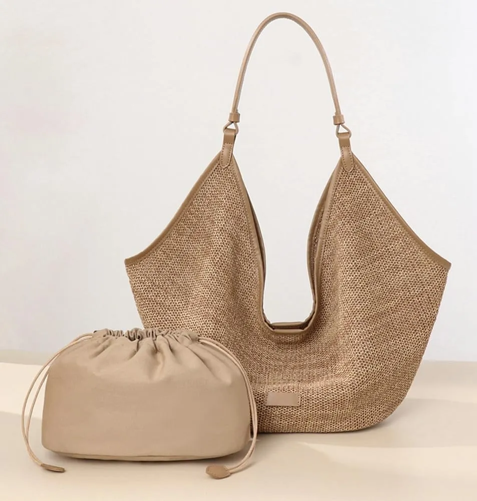 Straw Purses for Women Raffia Straw Large Tote Bag Chic Shoulder Bag Hobo for Beach Summer Travel