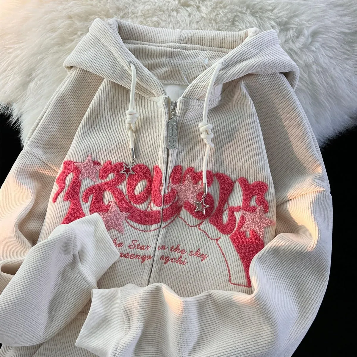 Sumleno Y2K Zip Up Hoodie Letter Print Star Graphic Grunge Hooded Corduroy Sweatshirt Jacket Oversized Retro Y2k Clothing
