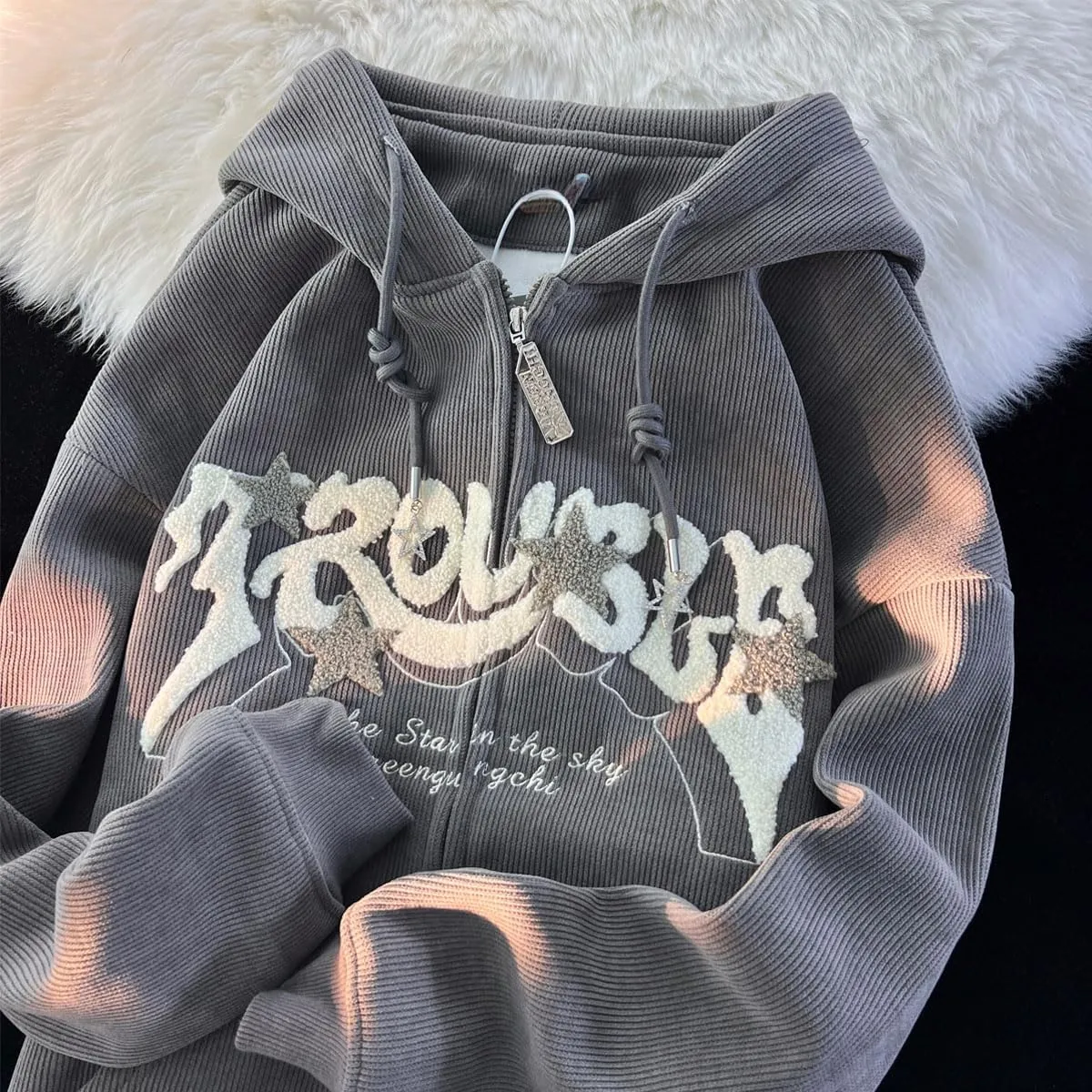 Sumleno Y2K Zip Up Hoodie Letter Print Star Graphic Grunge Hooded Corduroy Sweatshirt Jacket Oversized Retro Y2k Clothing
